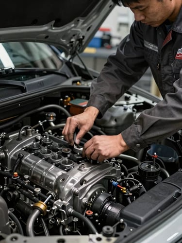 Hands of a professional mechanic in a dark graphite uniform working on a car engine bay, dramatic side lighting, sharp focus, industrial workshop setting