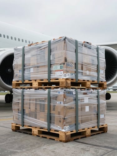 Close overhead shot of a cargo aircraft belly-hold being loaded with uniform freight pallets wrapped in clear stretch film, airport apron under diffuse overcast daylight, no people in frame, focus on the geometric stack of pallets and restraint straps