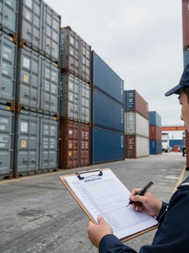 Wide environmental view from inside a port warehouse, stacks of sealed cargo containers receding into the background under flat overcast daylight, a customs officer's clipboard with stamped documentation in sharp foreground focus, clinical industrial lighting, no people visible