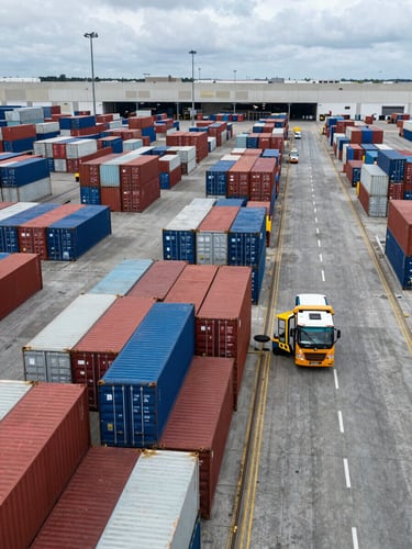 Overhead wide shot of a port logistics yard under overcast daylight, rows of stacked shipping containers color-coded by operator, a single customs inspection lane visible in the lower-right third, concrete apron extending to a warehouse facade at the far edge