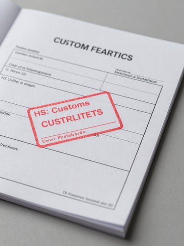 Close-up overhead studio shot of an official customs declaration document with a red ink entry stamp partially overlapping a HS tariff code field, secondary document edges visible beneath, clinical flat lighting emphasizing paper texture and seal legibility, neutral gray surface