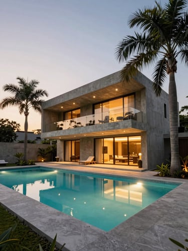 Low-angle architectural dusk photograph of a modern concrete villa in India, with a large illuminated swimming pool and structured palm trees, golden hour lighting, sharp perspective.