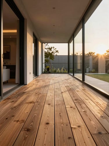 One-point perspective of a modern luxury living room flowing directly onto a wooden terrace deck, minimal black metal frames, golden hour lighting highlighting the continuous floor plane.