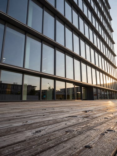 Low-angle architectural shot of a modern glass facade meeting a weathered teak deck, golden hour lighting highlighting the material intersection, sharp perspective.
