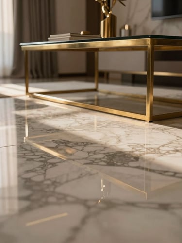 Low-angle architectural shot of a luxury living room, imported marble floors reflecting warm twilight, custom brass accents