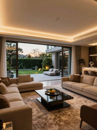 One-point perspective of a luxurious modern penthouse living room transitioning seamlessly to an outdoor illuminated terrace garden at dusk, gold uplighting, high-end furniture.