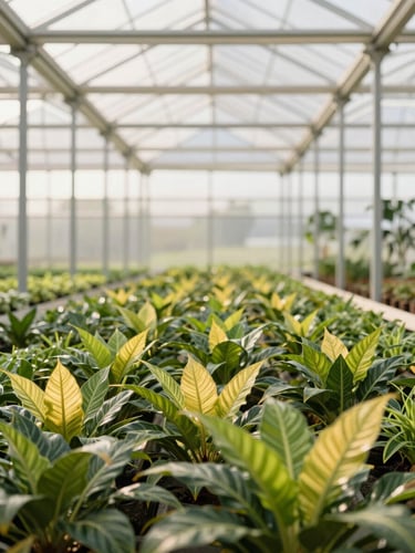 Wide airy view inside a modern, clean greenhouse facility in Florida, rows of neatly organized tropical foliage, soft morning daylight filtering through overhead panels