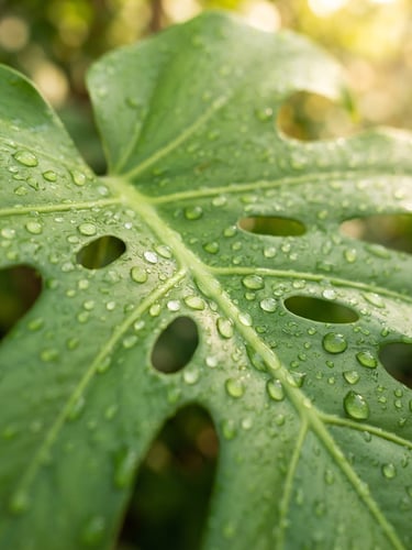 Macro detail shot of vibrant green Monstera leaf with morning dew drops, bright natural morning daylight, sharp focus, 35mm