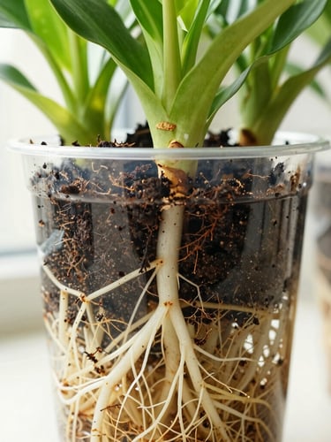 Close-up of a healthy tropical plant root system in a clean nursery pot, showing strong white roots and rich dark soil, bright diffused morning daylight