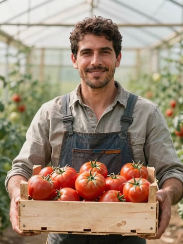 Bright, sunlit portrait of a Spanish farmer in a tomato greenhouse, holding a wooden crate of freshly picked heirloom tomatoes, warm editorial photography, soft natural window light, 35mm