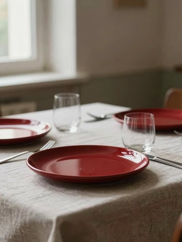 Warm editorial photography of a minimalist Scandinavian-style restaurant table with a linen tablecloth, soft natural window light, rich crimson accents on ceramic plates, shallow depth of field, 35mm