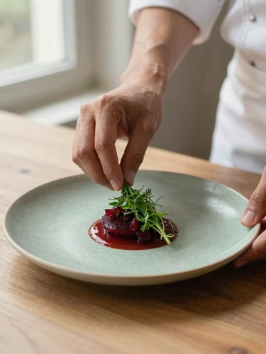 Hands of a chef carefully plating a minimalist dish with fresh herbs under soft natural window light, deep crimson and muted green tones, shallow depth of field, 35mm
