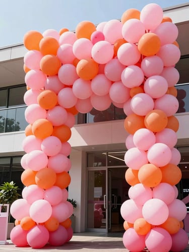 A massive organic balloon installation with electric pink and tangerine double-stuffed balloons framing a modern venue entrance, low-angle shot, bright daylight, vibrant editorial photography, 35mm