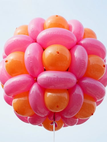 Dynamic low-angle shot of a massive organic double-stuffed balloon installation in electric pink and tangerine, bright high-key natural daylight, vibrant editorial photography, 35mm