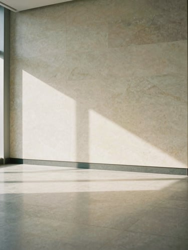 Minimalist luxury transit hub interior, soft natural light reflecting on polished limestone, architectural shadows, 35mm photography