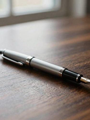 Warm editorial close-up of fine heavy-weight stationery and a fountain pen resting on a dark walnut desk, soft natural window light, shallow depth of field