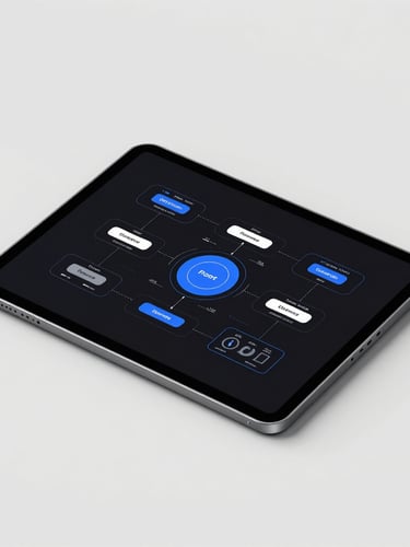 A sharp 3D digital product render of a modern tablet displaying a technical architecture diagram, flat-lay mockup on a high-contrast minimalist light gray background, crisp studio lighting, sharp defined shadows