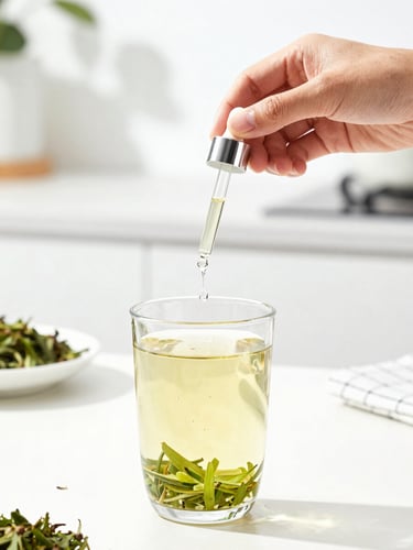 Bright high-key lifestyle photography of a person adding a drop of liquid stevia from a glass dropper into a clear glass of herbal tea, soft natural morning light, clean modern kitchen background, 35mm