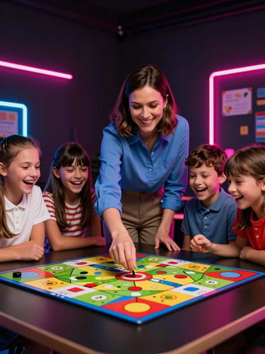 A smiling female school teacher and elementary students laughing around a colorful board game in a modern classroom, neon fuchsia rim lighting, dark background, dynamic action shot