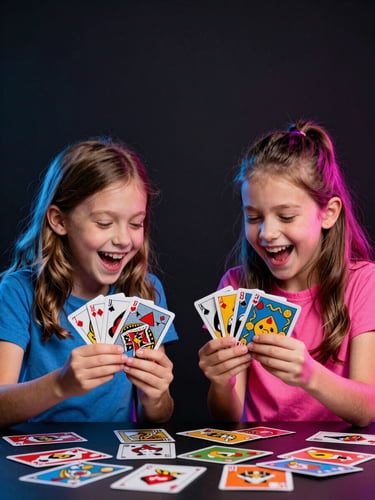 Two excited children aged 10 and 12 grabbing colorful game cards from a table, laughing, high-contrast neon blue rim lighting, dark background, sharp focus