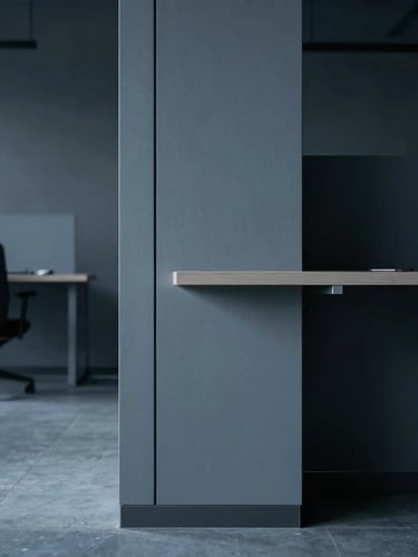 Minimalist architectural detail of a modern tech workspace, empty structured environment, cool-toned low-key lighting, 35mm