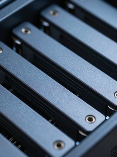 Macro details of sleek server hardware, cool blue and slate gray tones, sharp studio lighting, 35mm