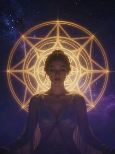 Ethereal portrait of a female practitioner in soft, warm golden lighting, low-key contrast, deep indigo background with faint sacred geometry, 35mm lens