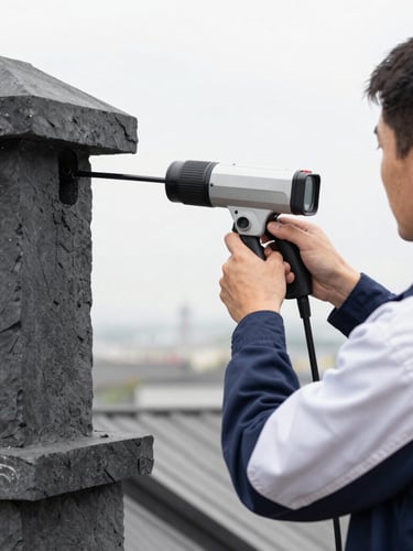 Close-up of a chimney technician in a neat uniform operating a high-tech flue camera, bright interior lighting, clean workspace, sharp focus.