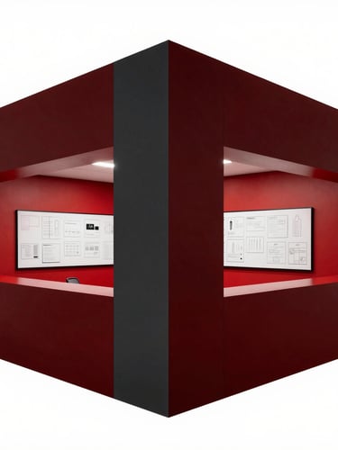 Sharp editorial photography of a modern workspace with crisp architectural angles, deep crimson highlights, and collaborative strategy boards visible, 50mm