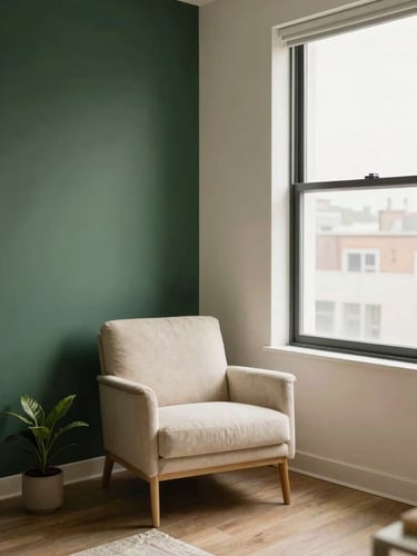 Subtle lifestyle shot of a modern, clean DC apartment living room with warm natural window light, showing a corner with a comfortable chair and a small plant, hinting at relaxation. Deep forest green and cream tones, 35mm.