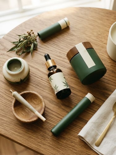High-angle flat lay of elegantly packaged cannabis products on a clean wooden surface, soft natural light, deep forest green and cream tones.