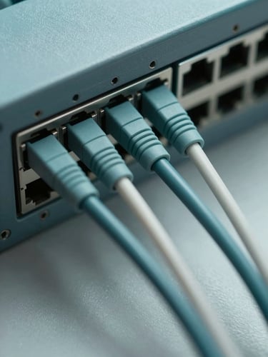 Close-up overhead view of fiber optic cables converging into a network switch panel, cool studio lighting, sharp technical detail, no text or labels, muted teal and gray tones