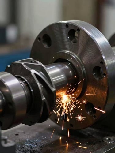 Macro detail shot of a heavy-duty industrial rotor being dynamically balanced in a dark workshop, high-contrast metallic tones, safety orange sparks, 35mm