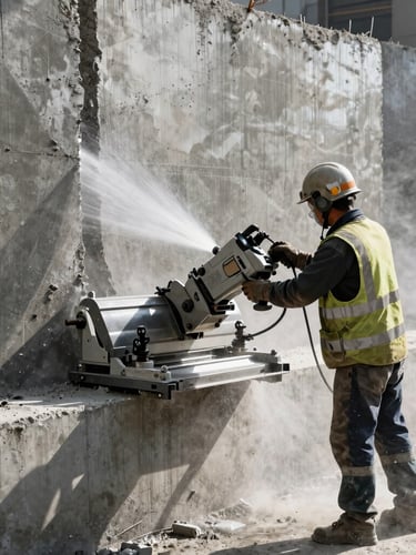 A powerful operator in safety gear operating a heavy-duty hydraulic concrete wall saw, cutting through reinforced concrete, high-contrast dramatic side-lighting, water cooling spray, 35mm