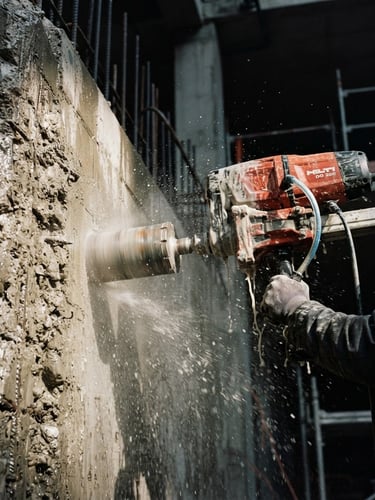 Low-angle portrait shot of a heavy-duty diamond core drill cutting into a reinforced concrete wall, dramatic side-lighting illuminating dust and water spray, sharp focus on the diamond-tipped bit, 35mm
