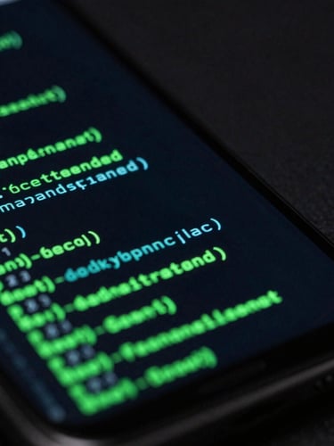 Angled close-up macro shot of a premium Android flagship screen showing dense code lines and glowing green system performance metrics, low-key dark setup