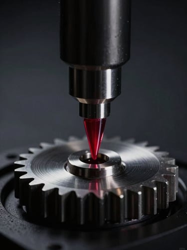 Dramatic close-up of a gleaming steel gear being measured by a ruby-tipped coordinate measuring machine probe, low-key lighting, sharp metallic rim-lights, dark charcoal background, macro lens, 85mm