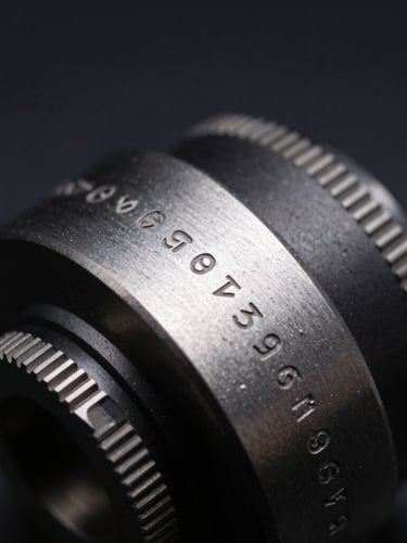 Macro detail shot of a pristine, oil-free metal component with laser-etched technical serial numbers, low-key dramatic lighting, dark obsidian background