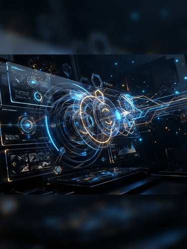 Wide shot of a sleek, dark 3D glassmorphic UI, glowing electric blue and gold accents, reflecting deep obsidian textures, dramatic low-key studio lighting, octane render, bleeding to the right edge.