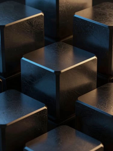 Abstract 3D render of interconnected geometric structures, dark metallic textures, electric blue and gold light reflections, dramatic studio lighting, high contrast, portrait aspect, octane render.