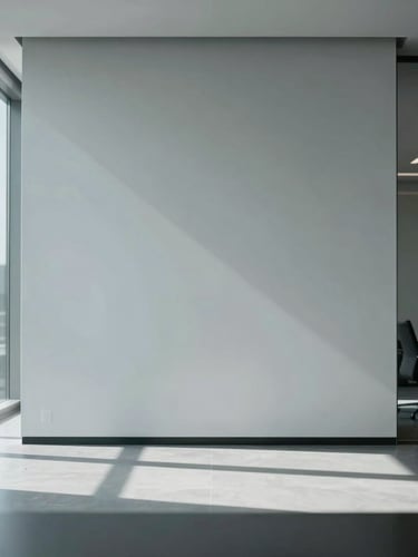 Sharp architectural lines of a modern corporate boardroom, cool overcast daylight casting deep shadows, minimalist editorial photography