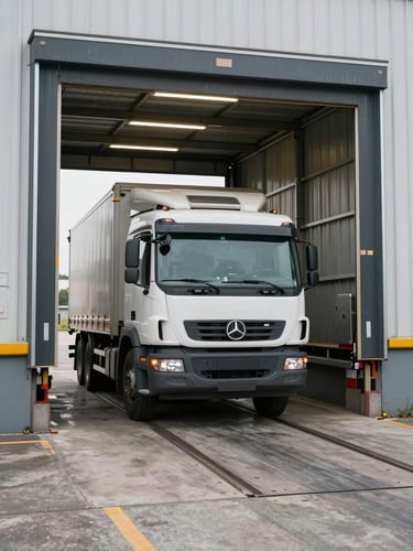 Close environmental shot of a loading dock and truck bay at an industrial facility, a heavy goods vehicle reversing toward a raised loading platform, concrete apron and dock leveller visible, practical tungsten lighting inside the bay
