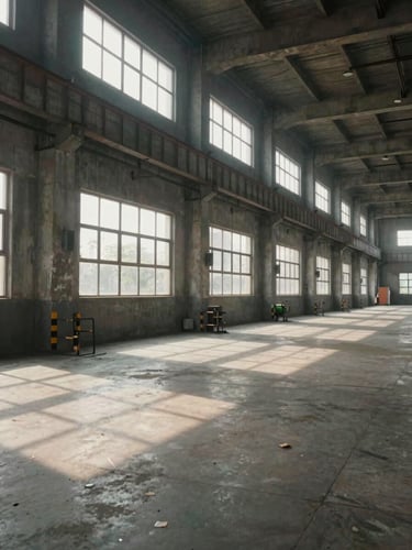 Wide shot inside a large factory floor at rest, natural daylight streaming through high clerestory windows, concrete columns receding toward the far end, full floor-to-ceiling height visible, slight haze of industrial dust in the air, Maharashtra industrial setting