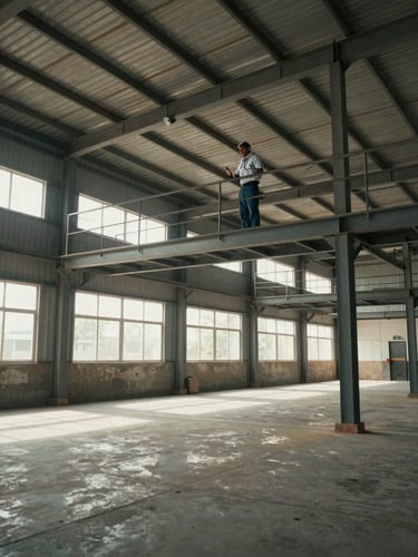 Wide shot from inside a Maharashtra MIDC factory bay, a production manager standing at mid-floor evaluating ceiling height and column spacing, natural daylight from a side-wall opening, concrete floor and steel roof trusses in full view
