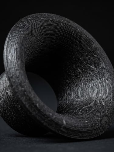 Extreme macro shot of a 3D-printed black carbon-reinforced velocity stack, showcasing the ultra-fine additive layers, dramatic high-contrast studio lighting, dark moody background, 35mm