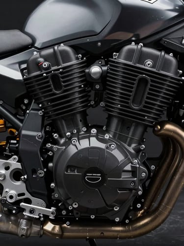 Sleek motorcycle engine bay with 3D-printed velocity stacks installed, high-contrast studio lighting, raw mechanical details, 35mm