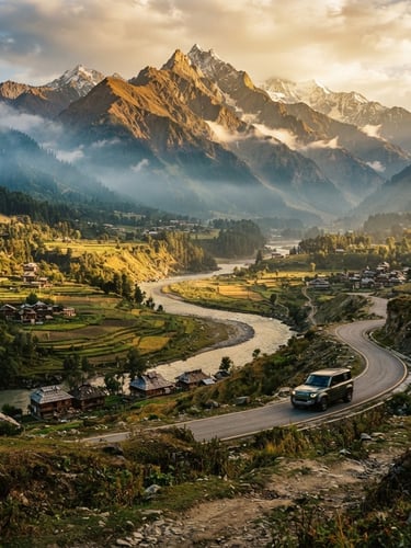 Wide panoramic view of the Gurez Valley at golden hour, dramatic high-altitude mountains, Kishanganga River winding through, a lone luxury SUV on a winding road in the middle distance, soft mountain mist, wide-angle lens, cinematic travel photography