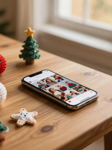A cozy wooden table with finished crochet Christmas ornaments, a smartphone displaying a friendly group chat with photos of handmade crafts, warm ambient holiday lighting.