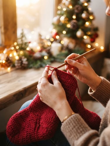 Warm editorial photography of elegant hands crocheting with rich crimson yarn, cozy golden-hour window light, soft festive holiday background, shallow depth of field, 35mm