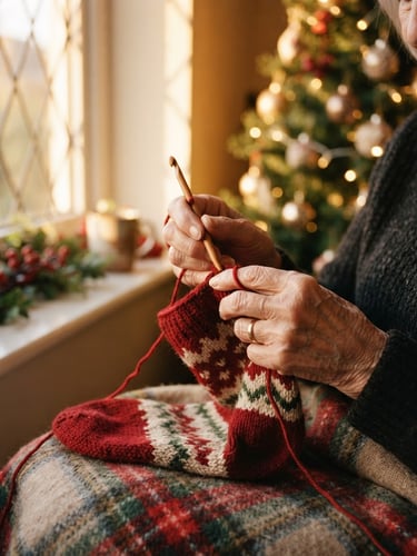 Warm close-up of older hands gently crocheting with rich red yarn under soft golden window light, cozy holiday atmosphere.
